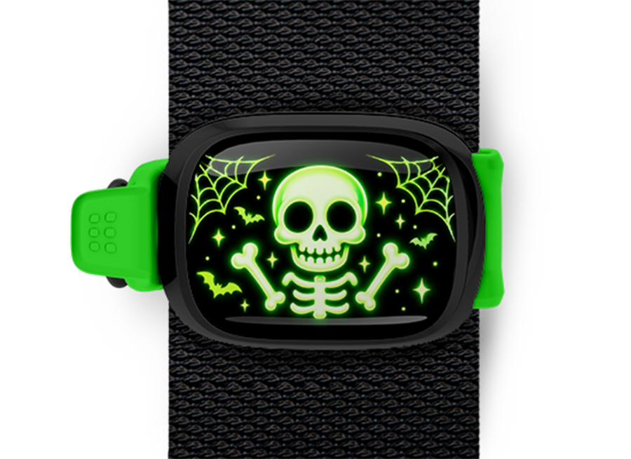 Neon Skeleton Stwrap Halloween bag tag mounted on a black strap