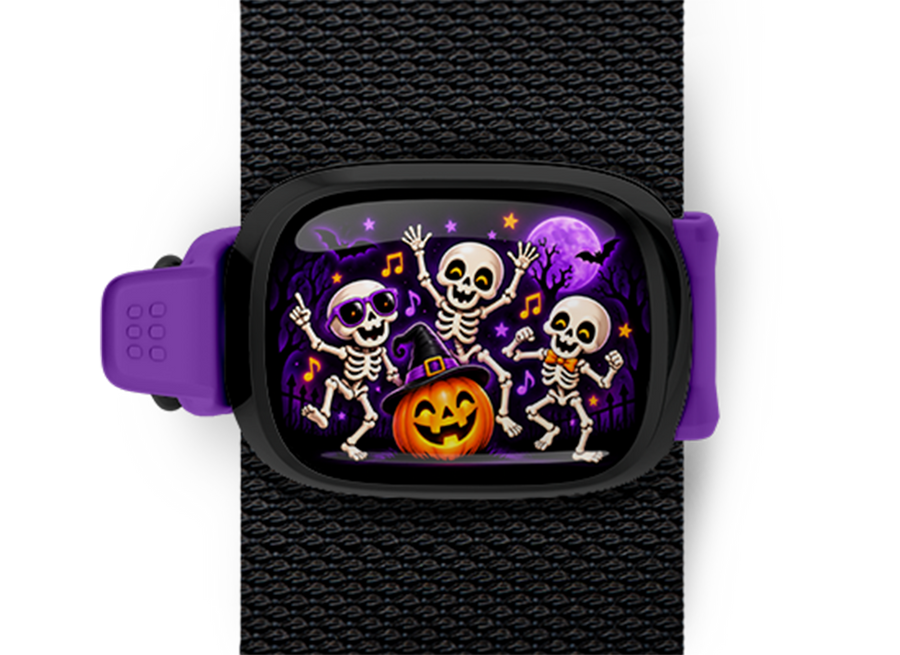 Skeleton Dance Party Stwrap Halloween bag tag mounted on a black strap