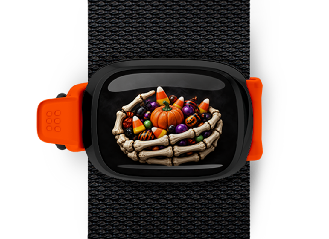 Skeleton Hands Candy Bowl Stwrap Halloween bag tag mounted on a black strap