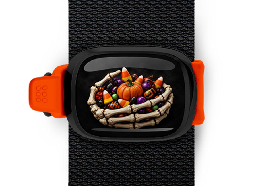 Skeleton Hands Candy Bowl Stwrap Halloween bag tag mounted on a black strap