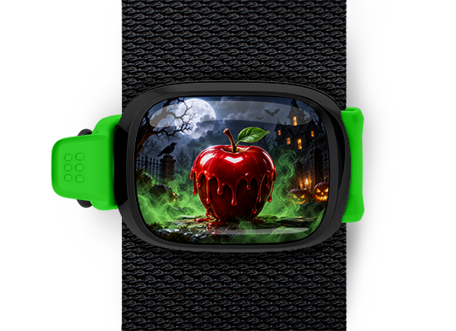 Poison Apple Stwrap Halloween bag tag mounted on a black strap