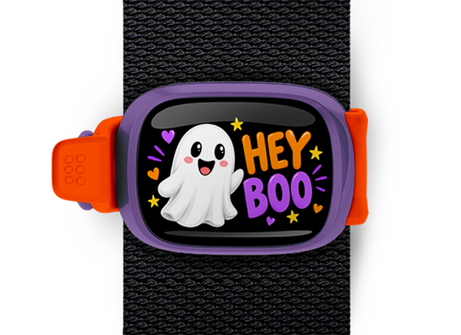 Hey Boo Stwrap Halloween bag tag mounted on a black strap
