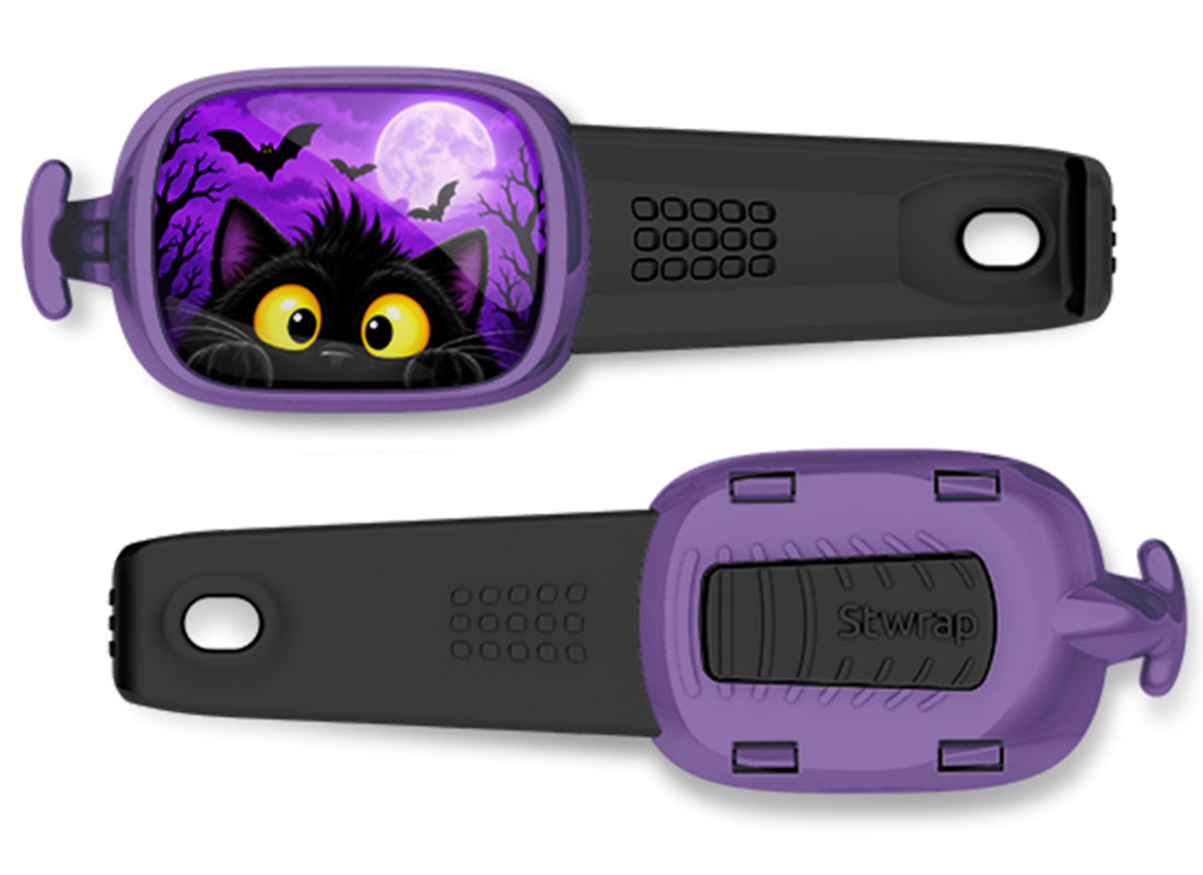 Black Cat Peek Stwrap bag tag, front design and back view