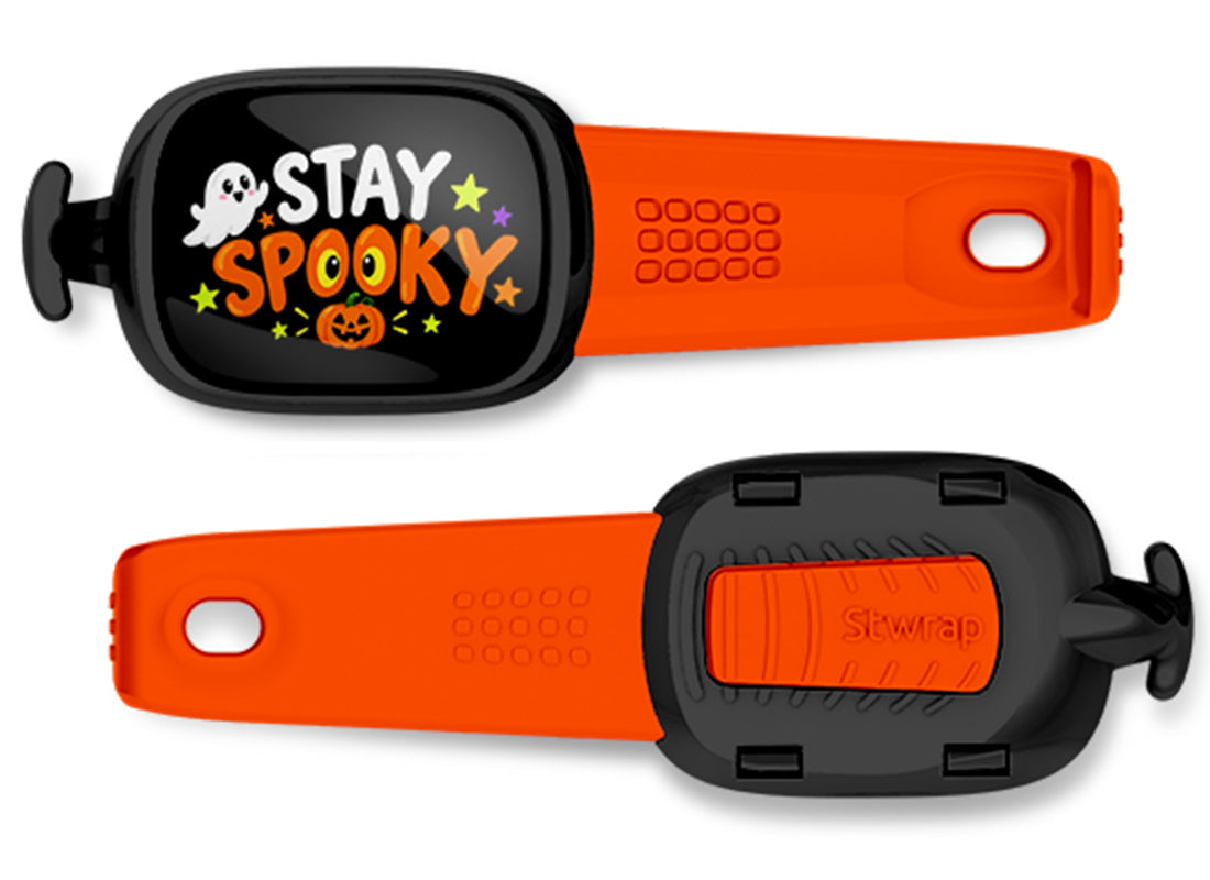 Stay Spooky Ghost Pumpkin Stwrap bag tag, front design and back view