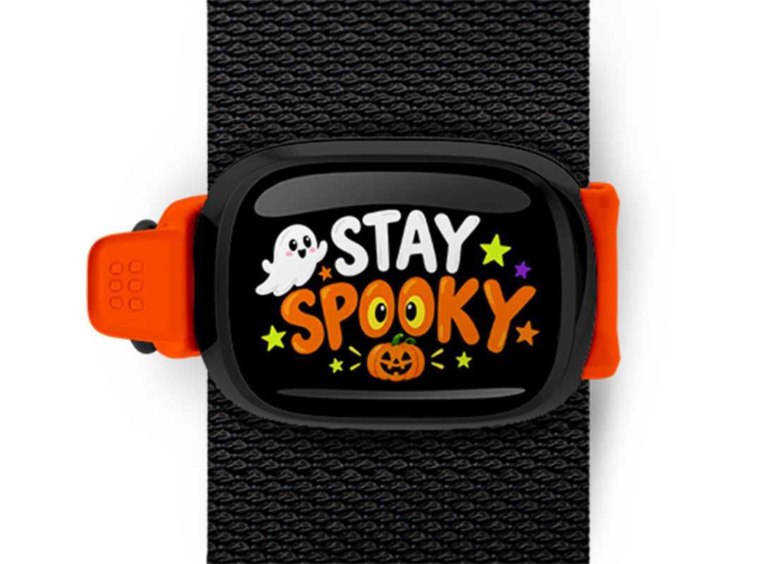 Stay Spooky Ghost Pumpkin Stwrap Halloween bag tag mounted on a black strap