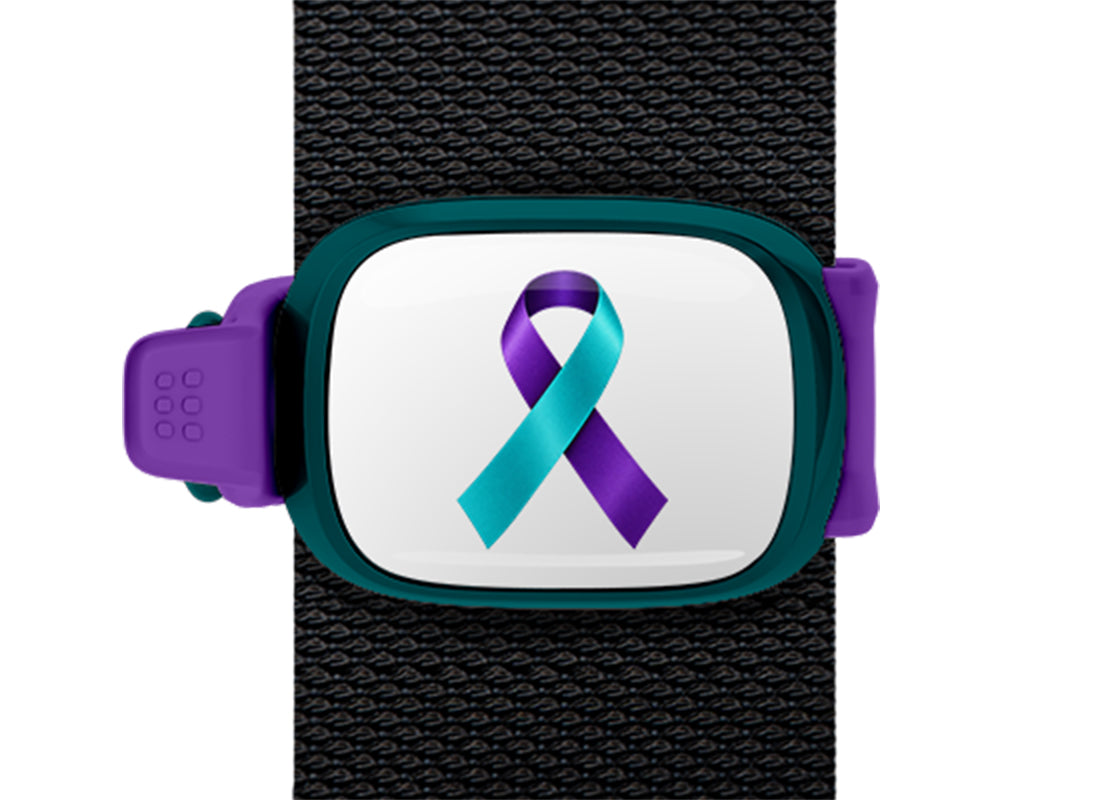 STWRAP suicide prevention purple teal ribbon mounted on strap