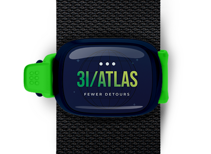 3i Atlas Bag Tag mounted on a bag strap