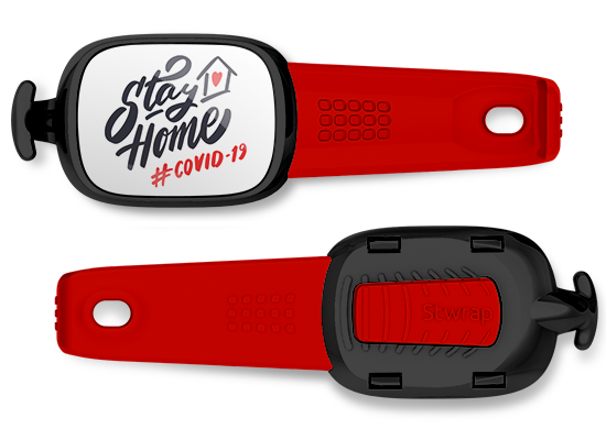 Stay Home pandemic bag tag Stwrap mounted on backpack strap