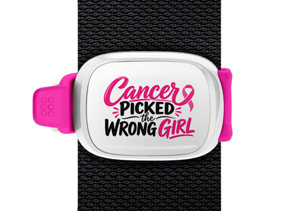 Cancer Picked the Wrong Girl Pink & Black Stwrap bag tag mounted on a bag strap