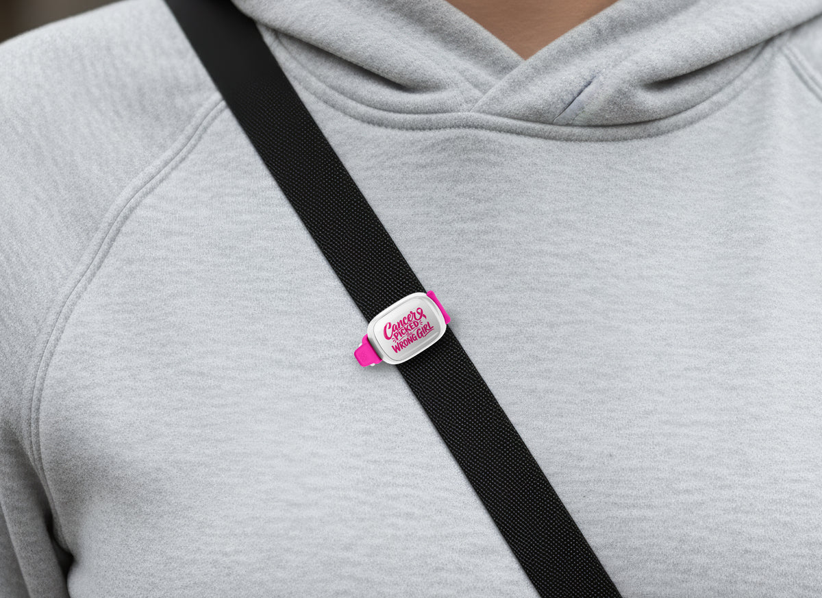 Cancer Picked the Wrong Girl Pink breast cancer awareness Stwrap on a bag in a lifestyle setting