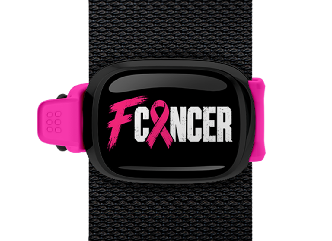 F Cancer Pink Band Stwrap bag tag mounted on a bag strap