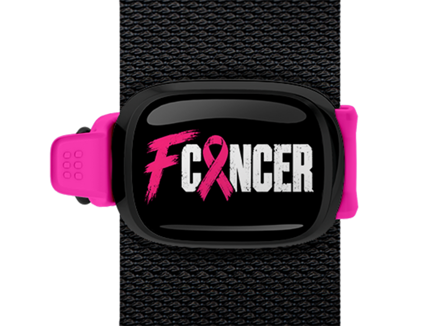 F Cancer Pink Band Stwrap bag tag mounted on a bag strap