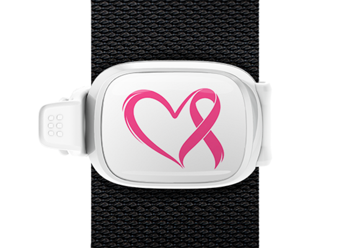 Heart & Pink Ribbon Outline Stwrap bag tag mounted on a bag strap