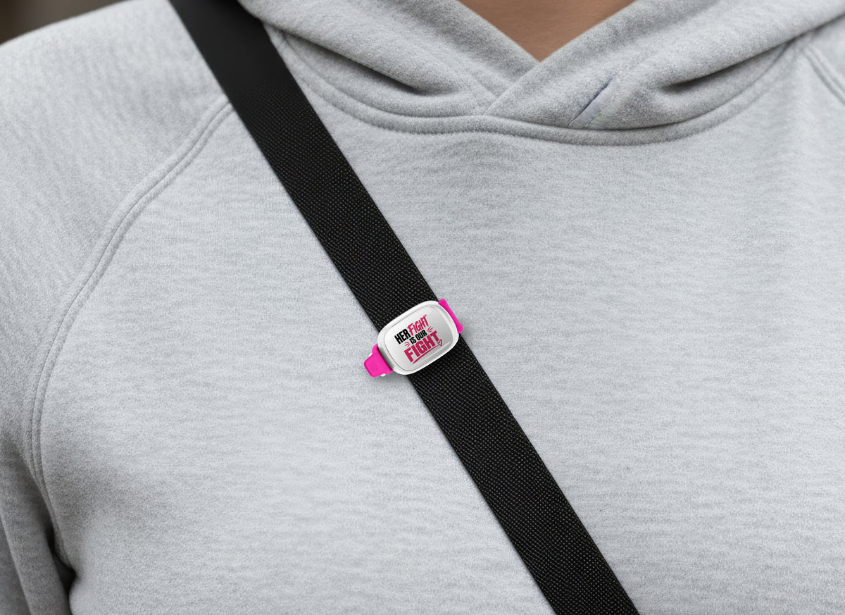 Her Fight Is Our Fight breast cancer awareness Stwrap on a bag in a lifestyle setting