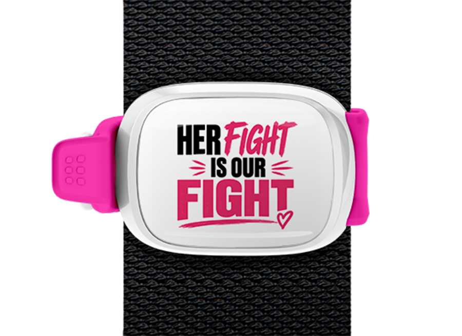Her Fight Is Our Fight Stwrap bag tag mounted on a bag strap