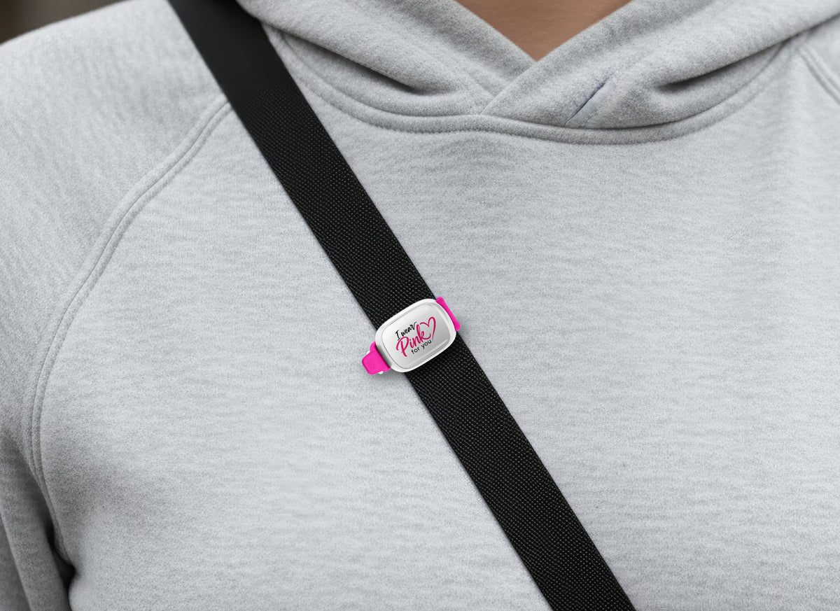 I Wear Pink for You Script breast cancer awareness Stwrap on a bag in a lifestyle setting