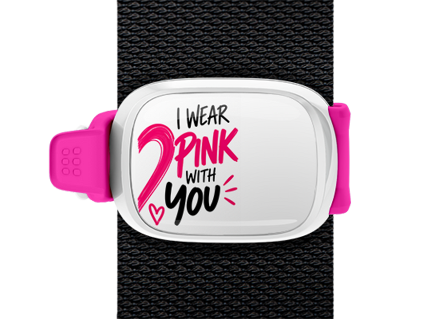 I Wear Pink With You Bold Stwrap bag tag mounted on a bag strap