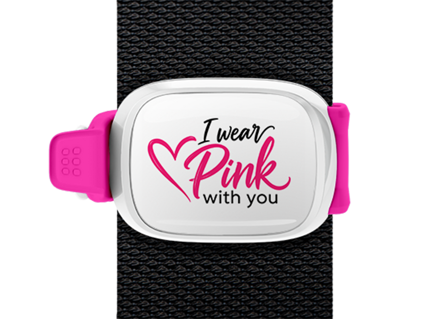 I Wear Pink With You Script Stwrap bag tag mounted on a bag strap