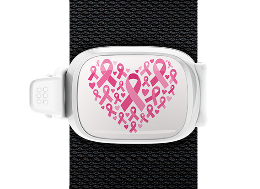 Pink Ribbon Heart Pattern Stwrap bag tag mounted on a bag strap