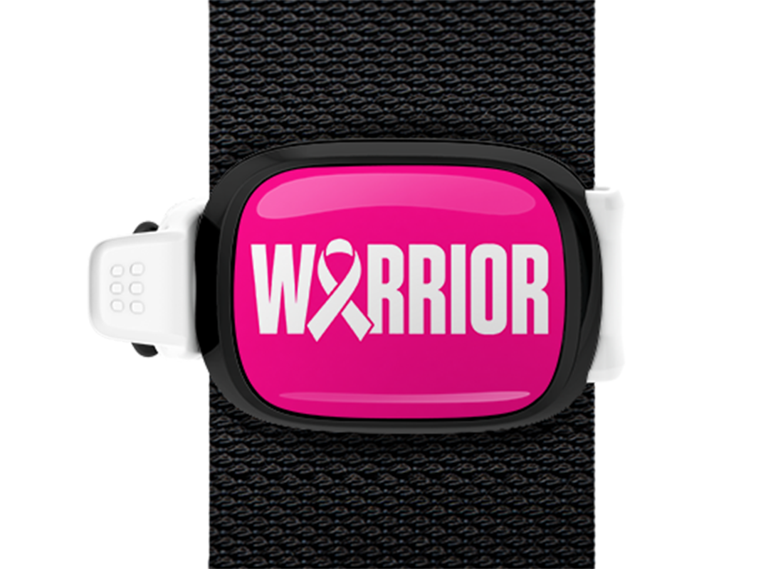 Warrior Breast Cancer Awareness Stwrap bag tag mounted on a bag strap