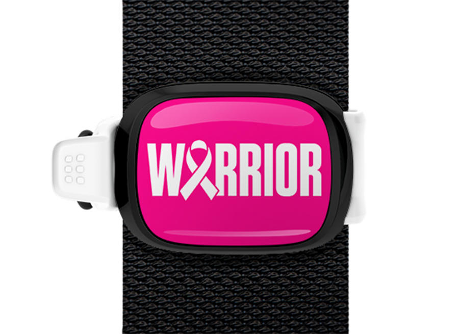 Warrior Breast Cancer Awareness Stwrap bag tag mounted on a bag strap