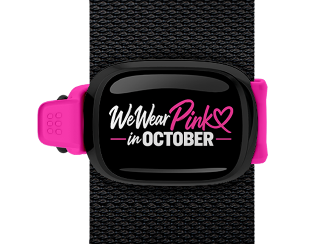 We Wear Pink in October Pink Band Stwrap bag tag mounted on a bag strap