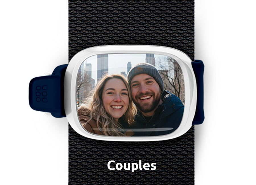 Custom couples photo Stwrap bag tag mounted flat on a bag strap.