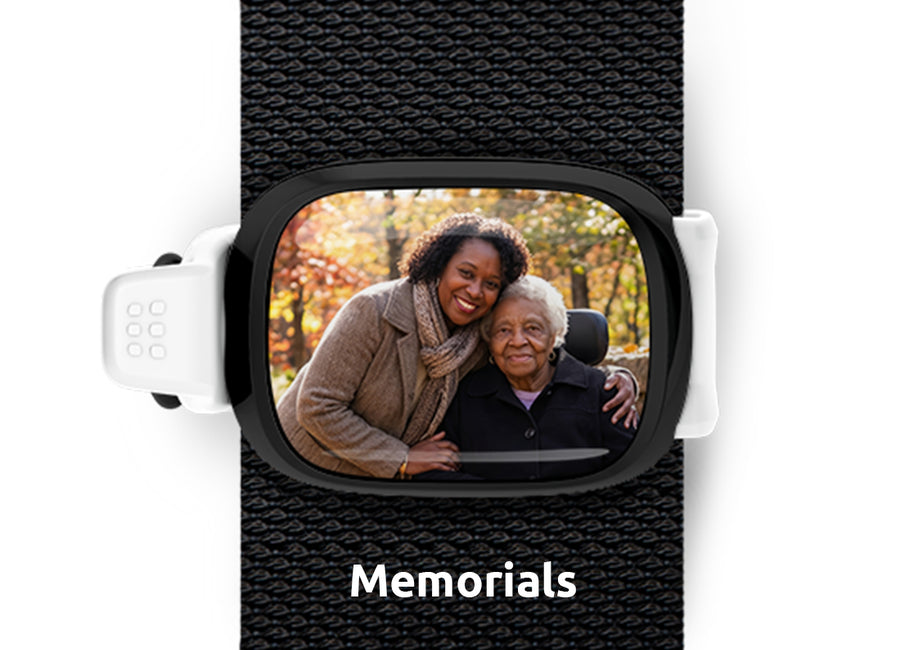 Custom memorial photo Stwrap bag tag mounted flat on a bag strap.