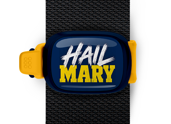 Hail Mary blue and gold football Stwrap bag tag mounted on backpack strap