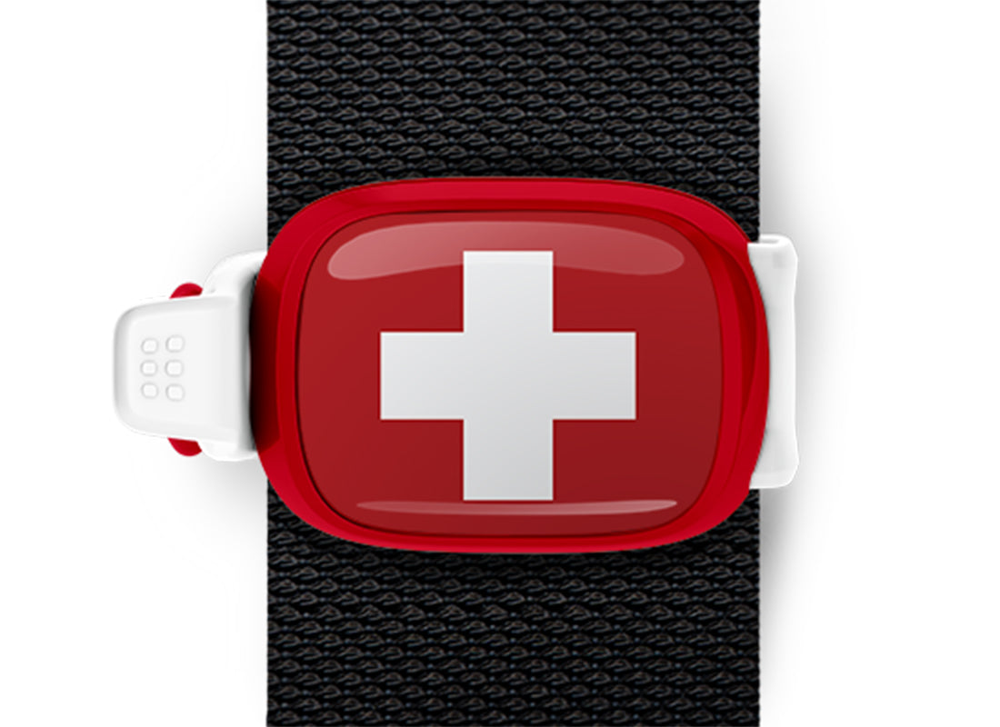 Switzerland flag Stwrap bag tag mounted on a bag strap