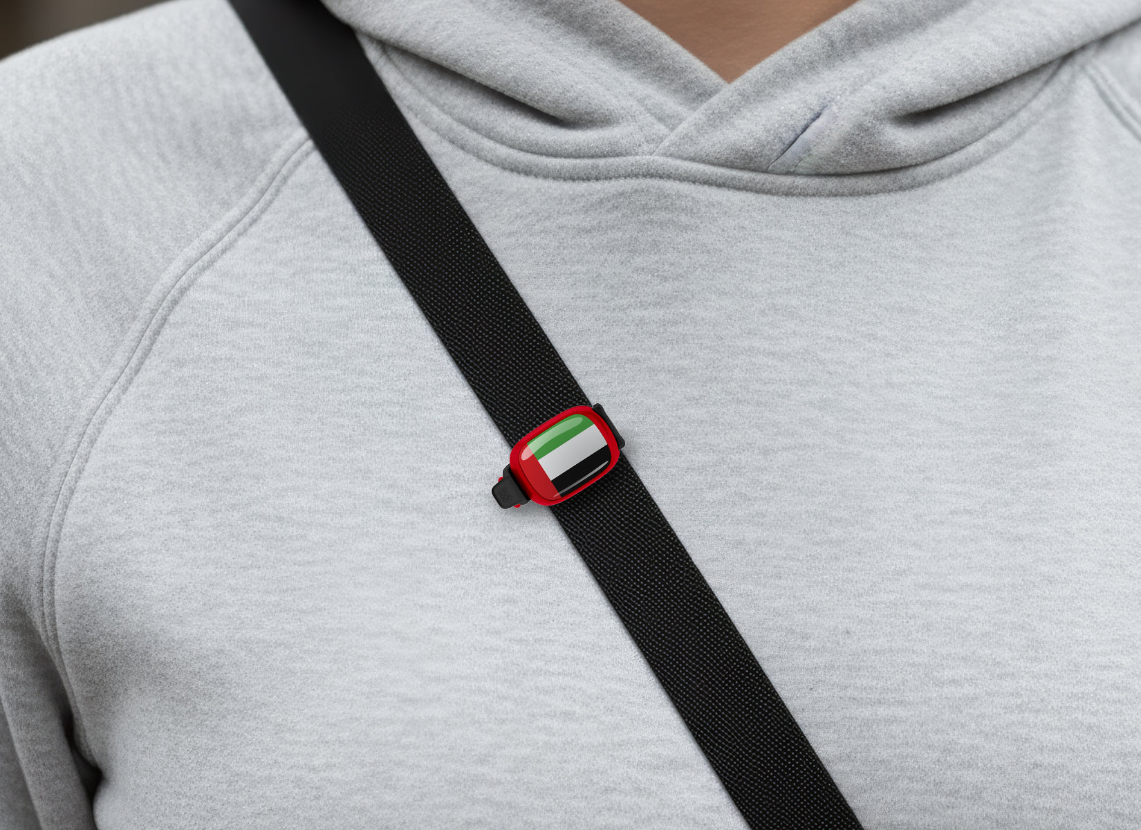 United Arab Emirates flag Stwrap bag tag shown on a bag in a lifestyle setting