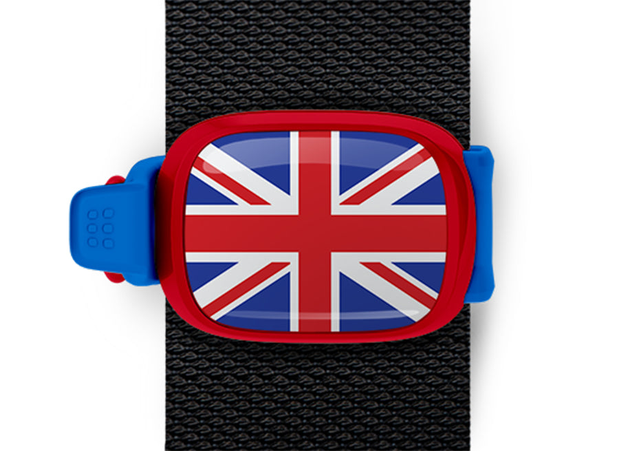 United Kingdom flag Stwrap bag tag mounted on a bag strap