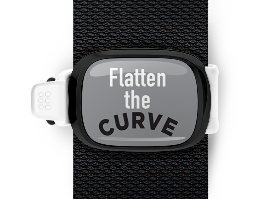 Flatten The Curve bag tag Stwrap mounted on backpack strap