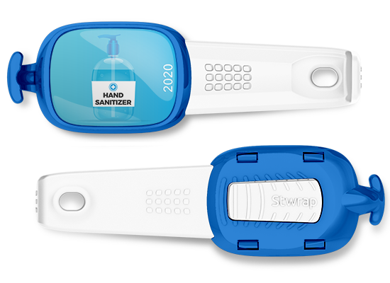 Hand Sanitizer 2020 bag tag Stwrap mounted on backpack strap