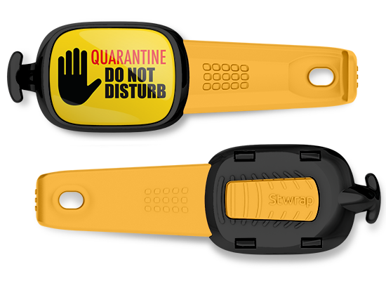 Quarantine Do Not Disturb bag tag Stwrap mounted on backpack strap