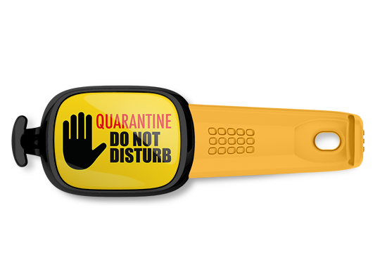 Quarantine Do Not Disturb bag tag Stwrap mounted on backpack strap