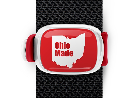 Ohio Made bag tag Stwrap mounted on backpack strap