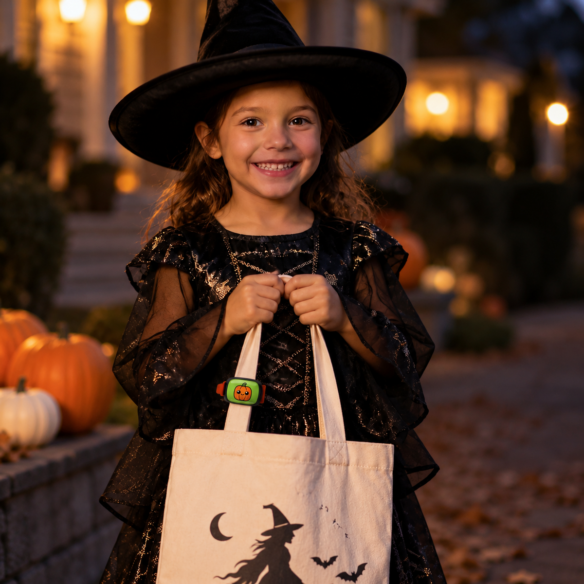 Girl in a witch costume carrying a Halloween treat bag with a pumpkin Stwrap on its strap.