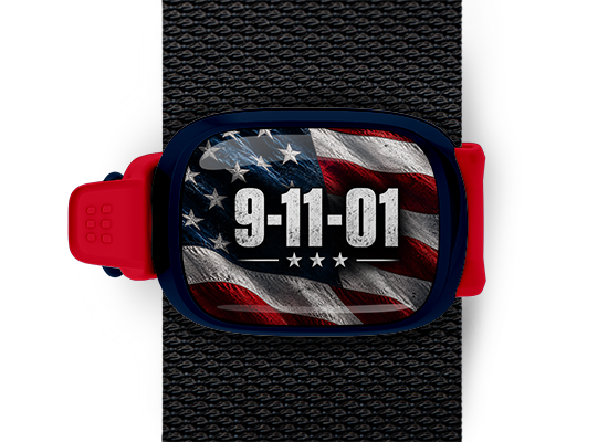9.11.01 American flag memorial Stwrap bag tag mounted on a black bag strap