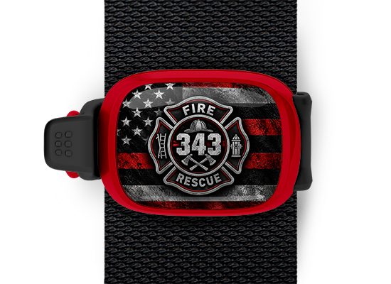 9/11 Firefighter 343 tribute Stwrap bag tag mounted on a black bag strap