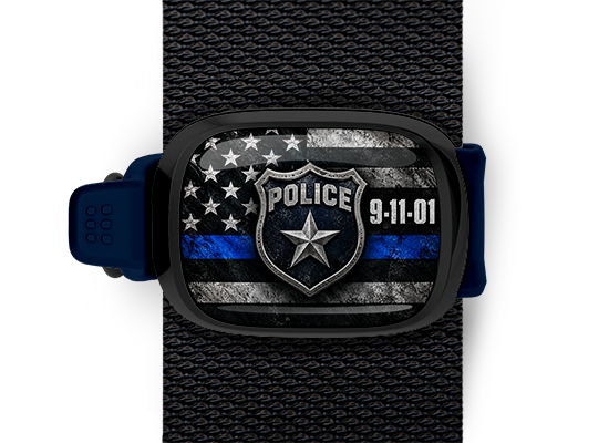 9/11 police tribute Stwrap bag tag mounted on a black bag strap
