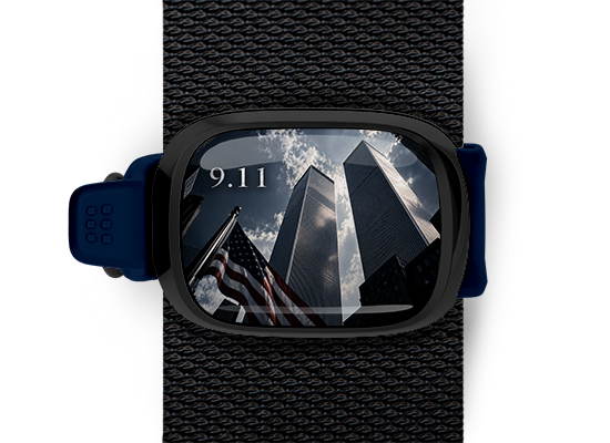 9/11 Twin Towers memory Stwrap bag tag mounted on a black bag strap
