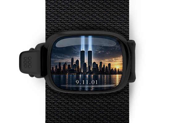 9/11 Twin Towers tribute Stwrap bag tag mounted on a black bag strap