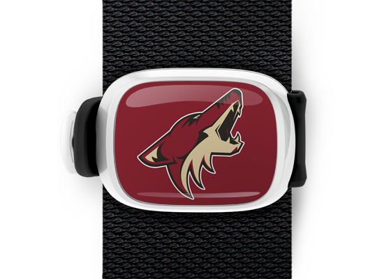 Arizona Coyotes Bag Tag mounted on a bag strap