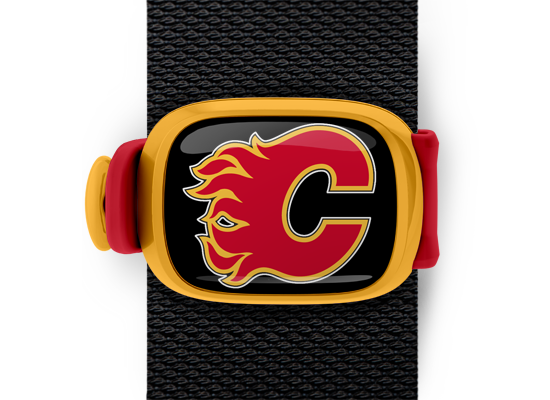 Calgary Flames Bag Tag mounted on a bag strap