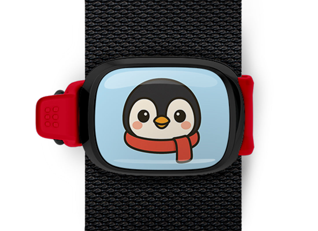 Penguin bag tag Stwrap mounted on backpack strap