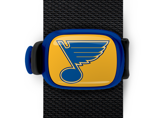 St Louis Blues Bag Tag mounted on a bag strap