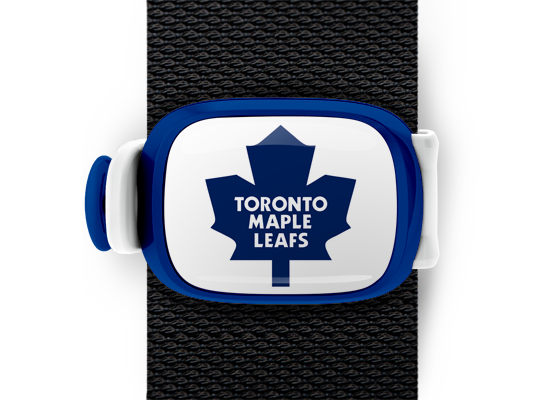 Toronto Maple Leafs Bag Tag mounted on a bag strap