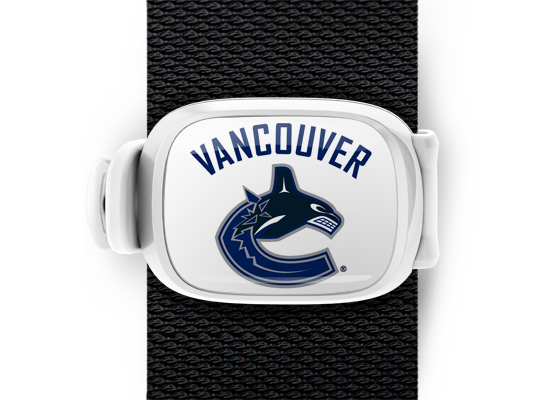 Vancouver Canucks Bag Tag mounted on a bag strap