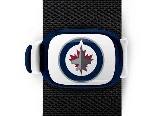 Winnipeg Jets Bag Tag mounted on a bag strap